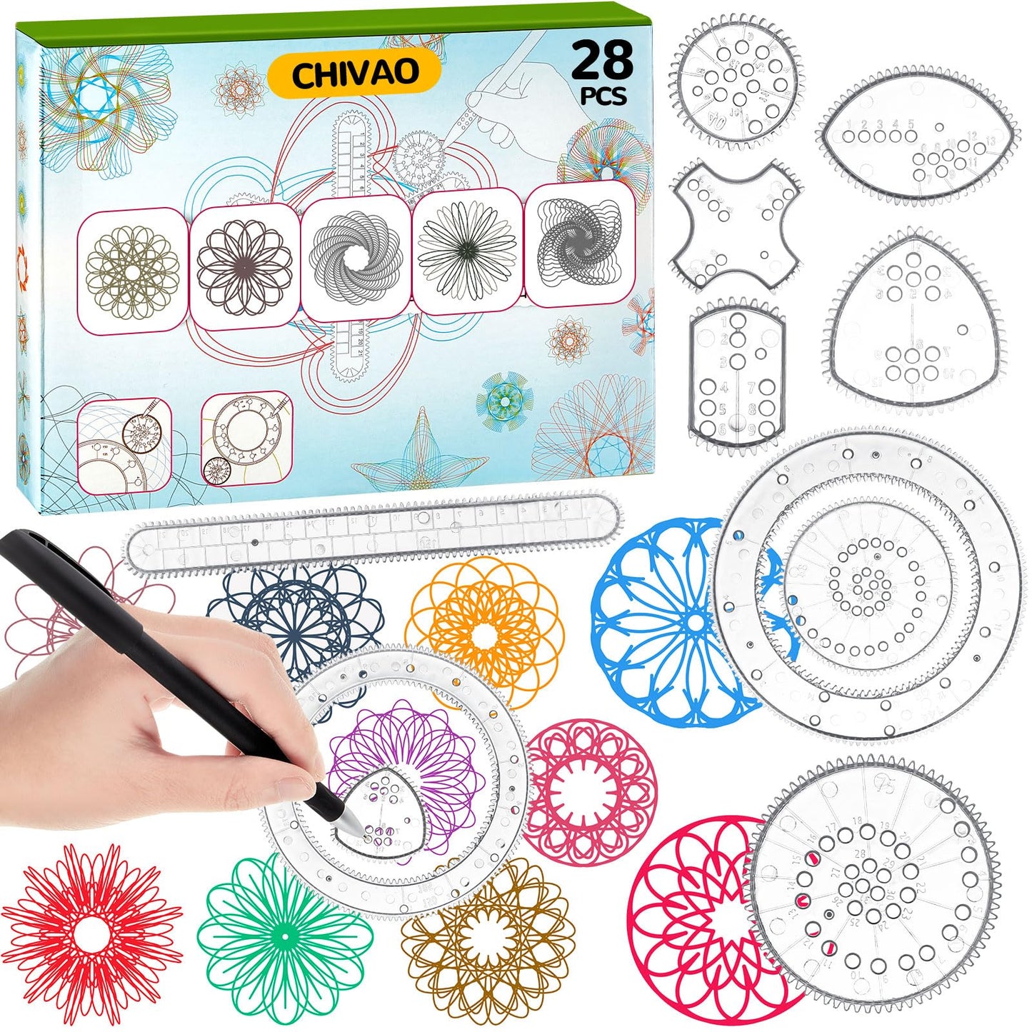 Chivao Spiral Art Gear Geometric Ruler Spiral Circle Template for Drawing Plastic Template Ruler Drawing Toys Spiral Curve Stencils with Pens Paper for Drawing DIY Art Crafts Sketch (Classic)