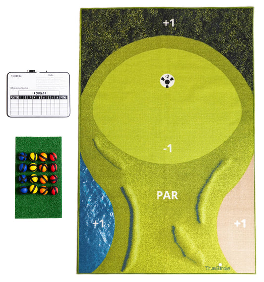 Golf Chipping Game – 6ft x 4ft Backyard Game for Indoor or Outdoor – Chipping Mat, Target, Scoreboard and Velcro Golf Practice Balls for Adults